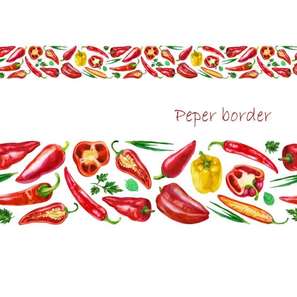 Borde Ilustración Acuarela Pimientos Diferentes Tipos Pimiento Pimiento Pimiento Rojo — Foto de Stock