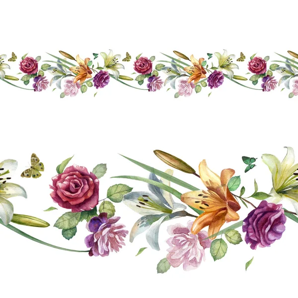Borda Ilustração Aquarela Flores Lírios Rosas Peônias Motivo Verão Primavera — Fotografia de Stock