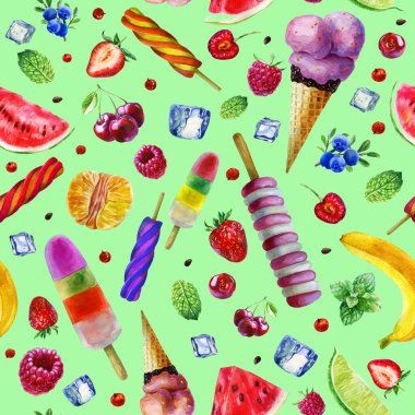 Nane yeşili arka planda suluboya çizimi, desenli dondurma, meyve ve meyveler.