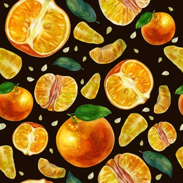 水彩画图案 橘子片和橘子叶 深褐色背景 鲜亮多汁的橙色图案 — 图库照片