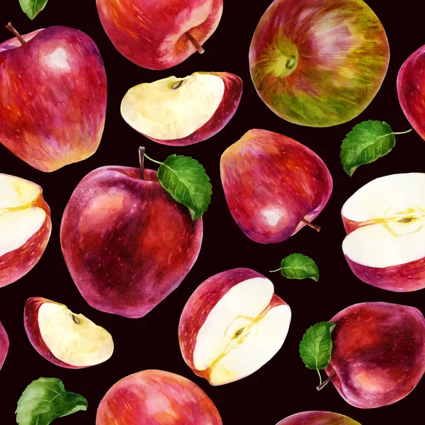 Σχέδιο Απεικόνισης Ακουαρέλα Μήλα Φέτες Μισά Μήλα Και Φύλλα Μήλου — Φωτογραφία Αρχείου
