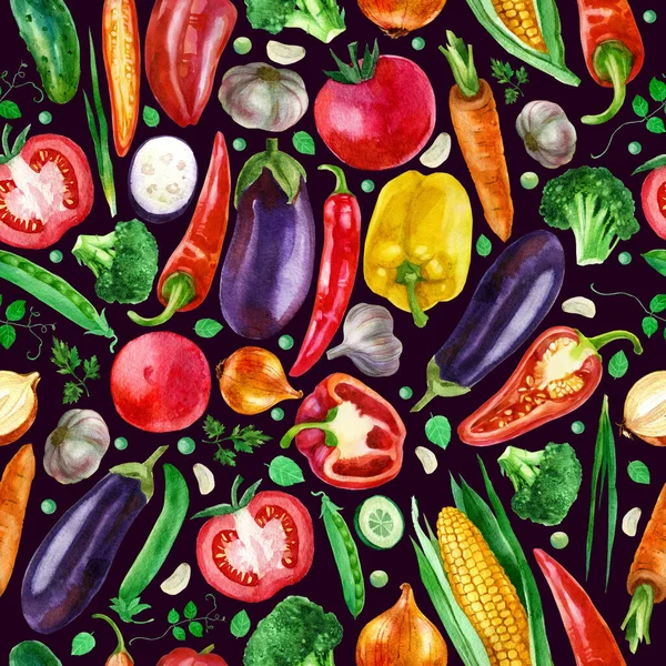 Akvarell Illusztráció Minta Zöldségek Sötét Lila Háttér Kukoricapaprikás Padlizsán Brokkoli — Stock Fotó