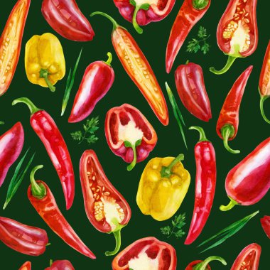 Koyu yeşil arka planda sebzelerin suluboya çizimi. Farklı türde biberler..