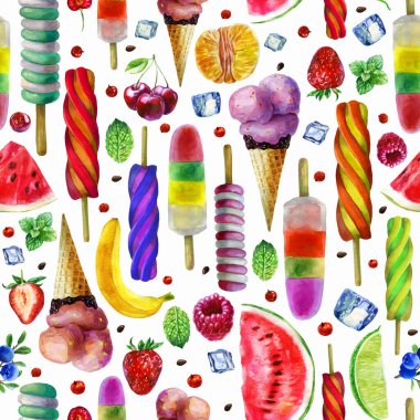 Suluboya örnekleri. Dondurma, böğürtlen ve meyveler beyaz arka planda.