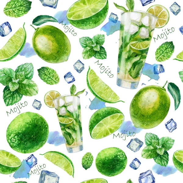 Akvarel Ilustrace Mojito Koktejl Vzor Sklenice Mojito Koktejlem Kousky Ledu — Stock fotografie