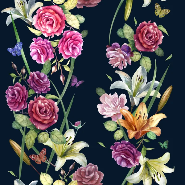 Watercolor illustration pattern. Flowers of roses peonies lilies on a dark blue background. Spring summer motive.