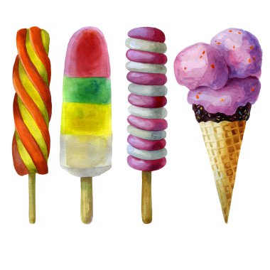 Suluboya çizimi, dondurma. Waffle külahında pembe dondurma. Çubuklu meyveli dondurma, pembe ve beyaz, turuncu ve sarı, kırmızı, yeşil, sarı ve beyaz. Yaz resmi.