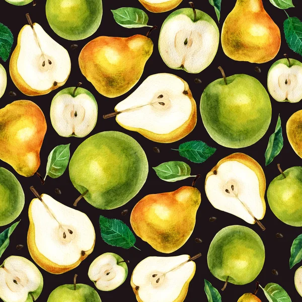 水彩画 在深褐色背景上的水果图案 苹果梨 苹果和梨的一半 — 图库照片