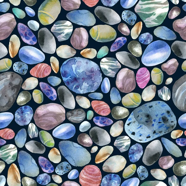 水彩イラストパターン 濃い青の背景の海の石 — ストック写真