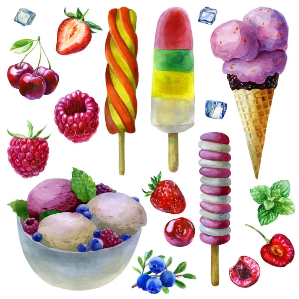 Watercolor illustration ice cream. Balls of pink ice cream in a waffle cone, a plate bowl vase. Ice cream on a stick, fruit ice. Raspberry and blueberry, mint leaves.