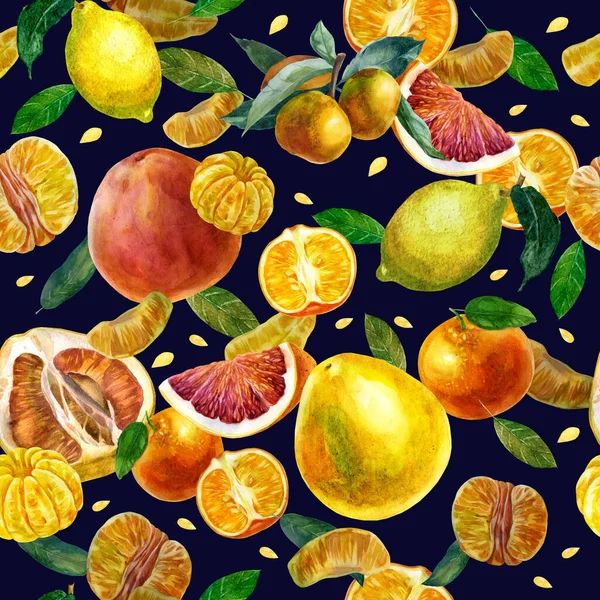 Watercolor illustration pattern of citrus fruits on a blue background. Tangerines, slices of tangerines, leaves, grapefruit, pomelo, tangerines on a branch.