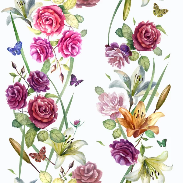 Wzór Ilustracji Akwareli Kwiaty Róże Piwonie Lilie Białym Tle Wiosenne — Zdjęcie stockowe