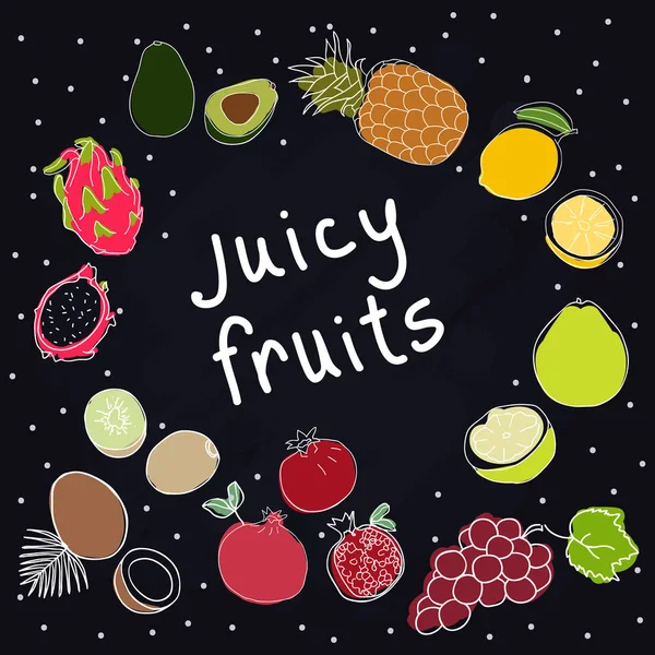Сочные фрукты на черном фоне. Ручной рисунок фруктов в стиле эскиза. Концепция веганской еды. Ананас, гранат, помело, виноград, кокос, драконьи фрукты, авокадо, лимон, лайм — стоковый вектор