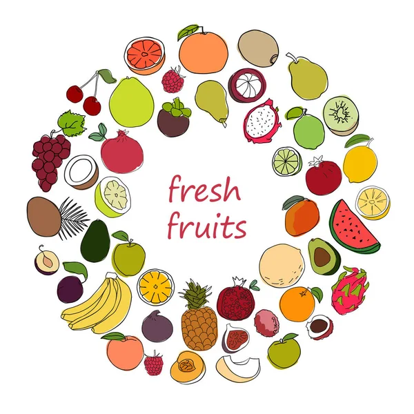 Elle çizilmiş kroki tarzı olgun ve taze meyve kümesi. Renkli meyve simgeler koleksiyonu. Çeşitli tropikal meyve ve çilek