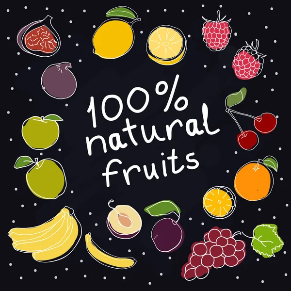 Joukko käsin piirretty doodle hedelmiä mustalla taustalla. Viikko, luumu, sitruuna, omena, vadelma, appelsiini, viinirypäle, banaani . — vektorikuva