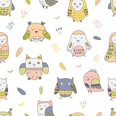 Şirin doodle baykuşlar ve pastel renkler tüyler ile Seamless Modeli