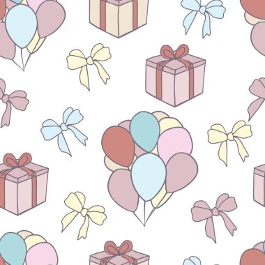 Parti Tema nesneleri, hediye kutusu, ile Seamless Modeli Hava balonlar, yay ve şerit. Doğum günü ve kutlama arka plan, elle çizilmiş doodle illüstrasyon