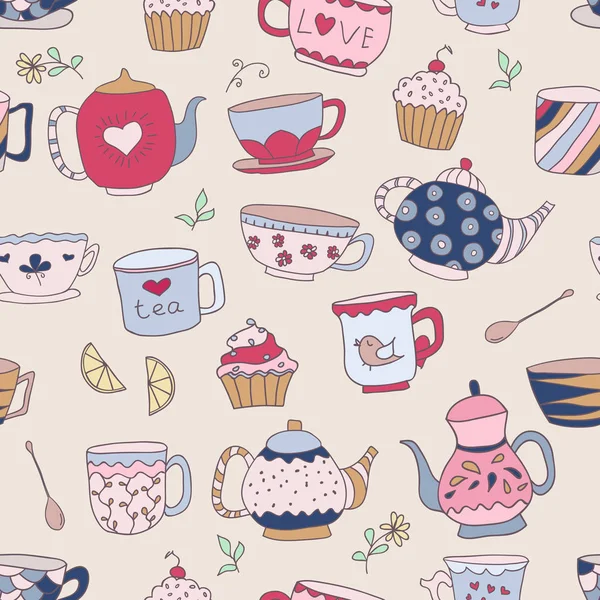 El ile Seamless modeli nesnelerini çizilmiş. Sevimli dizi doodle bardak, çaydanlık ve cupcakes pastel renklerde — Stok Vektör