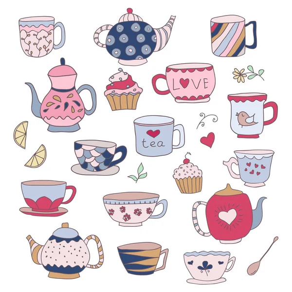 Set of cute doodle cups, teapots and cupcakes in pastel colors — Stock Vector