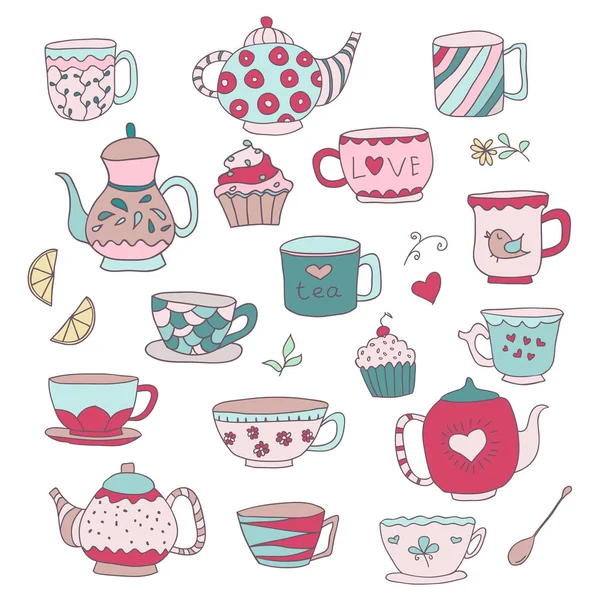 Set of cute doodle cups, teapots and cupcakes. — Stock Vector