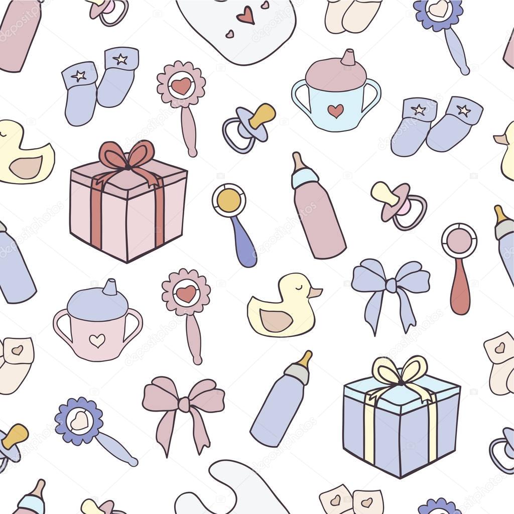 Seamless pattern with hand drawn baby set of objects vector drawings.