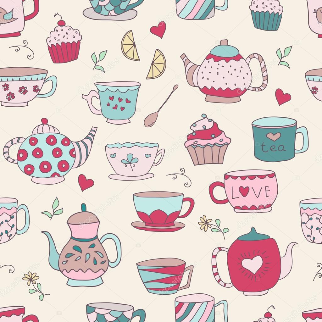 Seamless pattern with hand drawn objects.Set of cute doodle cups, teapots and cupcakes in pastel colors