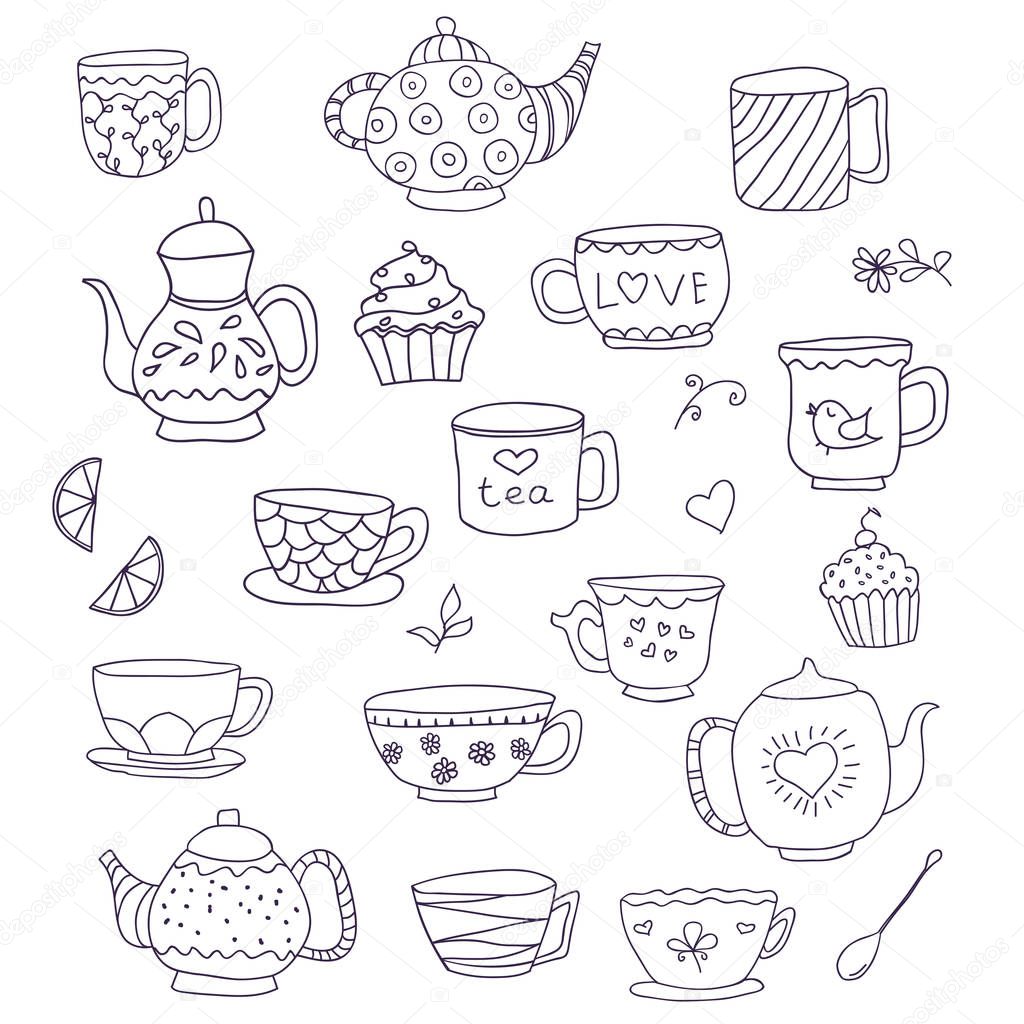 Set of cute doodle cups, teapots and cupcakes in pastel colors. Outline vector drawing