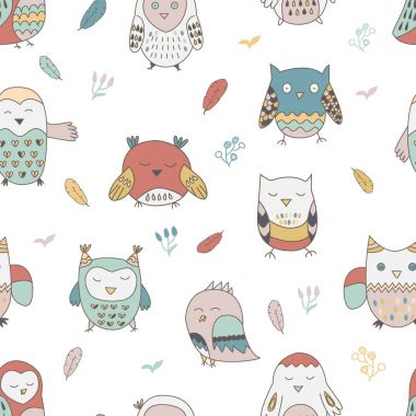 Şirin doodle baykuşlar ve tüyleri pastel co ile Seamless Modeli