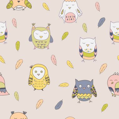 Şirin doodle baykuşlar ve tüyleri pastel co ile Seamless Modeli