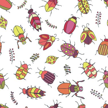 Doodle elle çizilmiş renkli böcekler ile Seamless modeli. Yaz taze sorunsuz arka plan