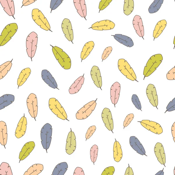 Seamless mönster med doodle fjädrar i ljusa vårfärger — Stock vektor