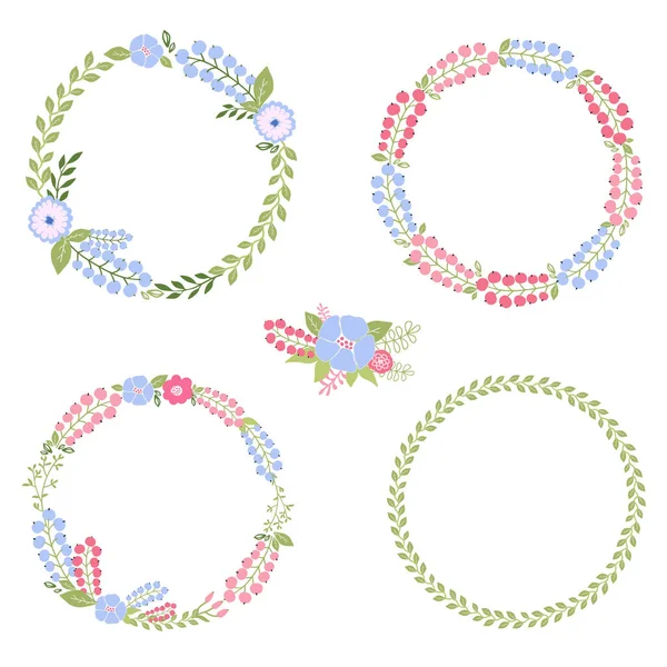 Decorative floral round frames and flower composition in spring bright colors. Set of flower spring wreaths, can be used for save the date cards and invitations — Stock Vector