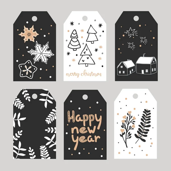 Set of Christmas tags with hand drawn decoration elements — Stock Vector