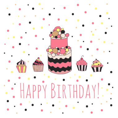 İyi ki doğdun, güzel el çizimi pasta ve el çizimi kek renkli konfeti.