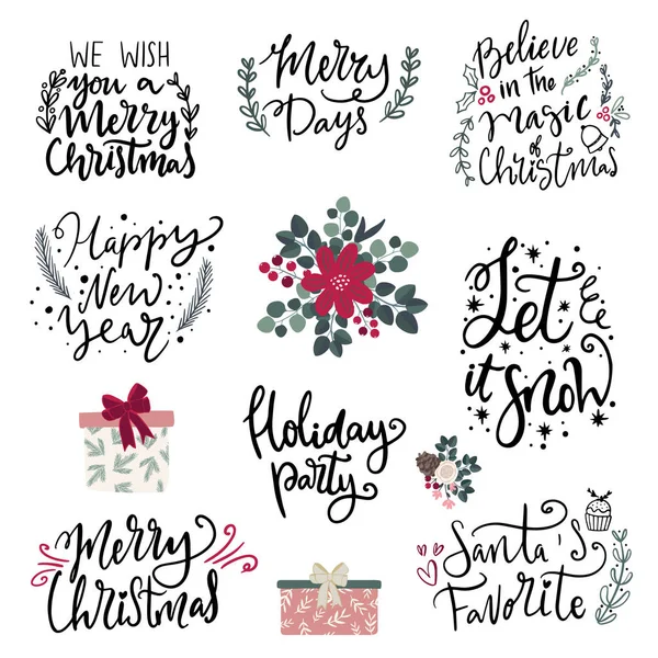 Set of hand drawn vector illustrations and hand written lettering phrases about Christmas holidays. Winter season and Merry Christmas celebration clipart and letterng collection for cards,posters — Stock Vector