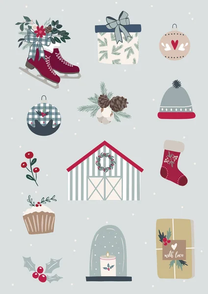 God jul gratulationskort eller affisch med söta handritade clipart element i modern skandinavisk stil, bondgård jul, presentask, tröja, hatt, jul dekoration, mysigt hem, vinter semester — Stock vektor