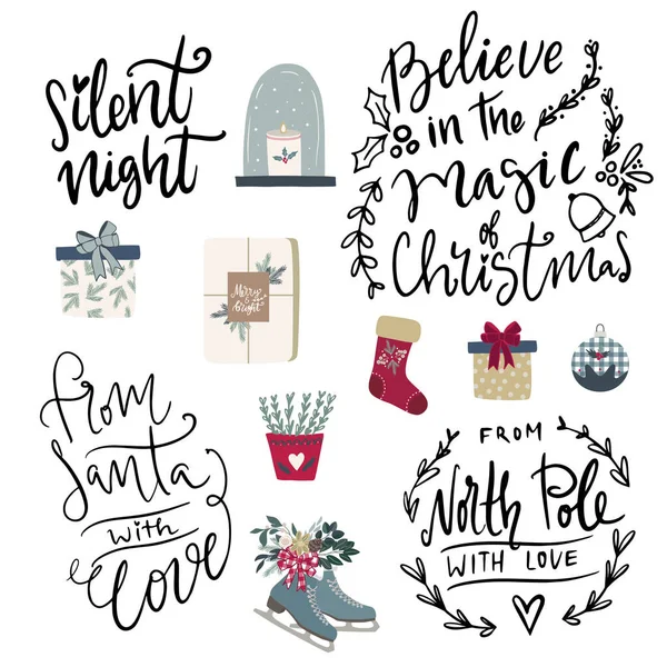 Set of hand drawn vector illustrations and hand written lettering phrases about Christmas holidays. Winter season and Merry Christmas celebration clipart and letterng collection for cards,posters — Stock Vector