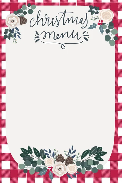 Tarjeta de menú de Feliz Navidad o plantilla de póster con clipart rústico dibujado a mano en estilo escandinavo, arreglo floral, letras escritas a mano a cuadros clásicos rojos — Vector de stock