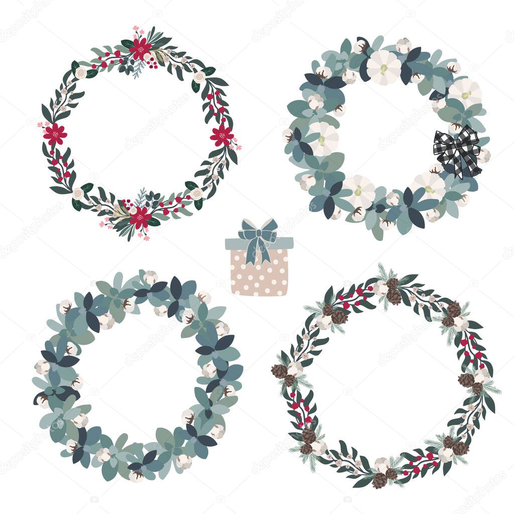 Set of christmas floral wreaths in modern farmhouse natural style, winter season flower arrangement for cards, posters, tags, banners decoration in scandinavian style.