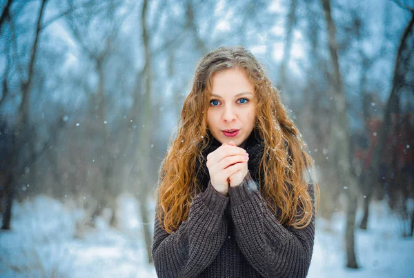 Europei giovane ragazza con i capelli rossi e gli occhi azzurri sulla natura in un parco nella neve nelle passeggiate invernali — Foto Stock