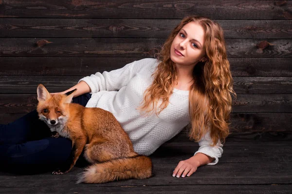 Ein junges schönes Mädchen hält ein wildes Fuchstier, das von einem Mann traumatisiert und von ihr gerettet wurde und nun wie zuvor lebt — Stockfoto
