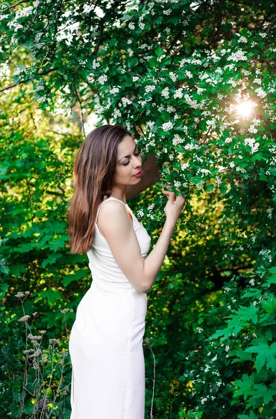 Menina em completa tranquilidade e pacificação em um vestido bonito e elegante na natureza na primavera no parque — Fotografia de Stock