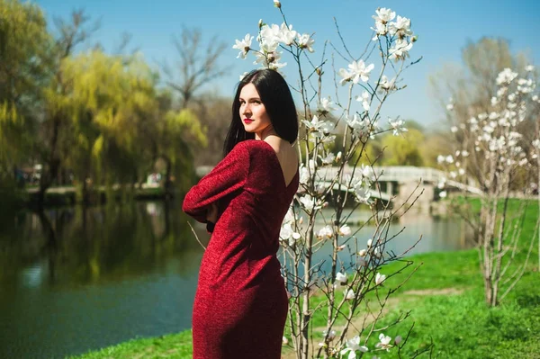 Bela Jovem Morena Com Cabelos Longos Parque Uma Primavera Primavera — Fotografia de Stock