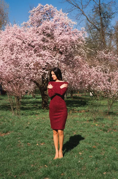 Bela Jovem Morena Com Cabelos Longos Parque Uma Primavera Meio — Fotografia de Stock