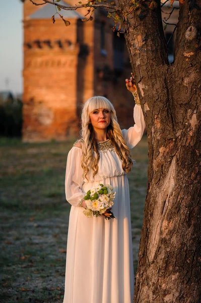 Menina Loira Vestido Branco Natureza Perto Monumentos Arquitetônicos Livre — Fotografia de Stock