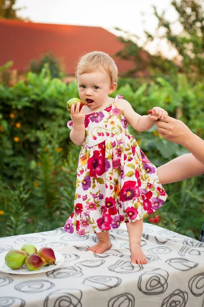 Little Girl Months Street Yard Summer Colored Dress Red Juicy — Stock Photo, Image