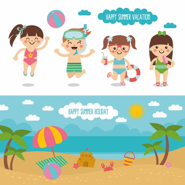 Joyeuses vacances d'été. Impressionnant paysage de plage de dessin animé et personnage drôle d'enfants. Garçons et filles à la mer . — Image vectorielle