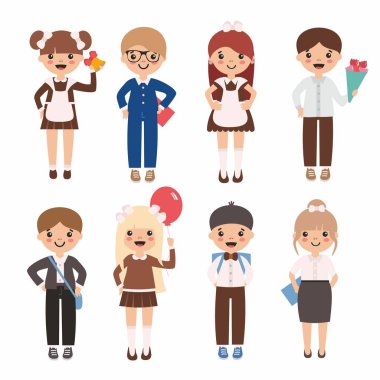 Bir grup sevimli okul çocuğu. Mezuniyet balonu ve çiçekleri olan akıllı mutlu kızlar ve oğlanlar. Klasik Rus üniformaları. Önlükler, fiyonklar, yarı hortum. Son zil.