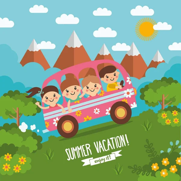 Любимый мультяшный пейзаж с забавными путешествующими детьми в автобусе. Летняя иллюстрация с голубым небом, горами, зеленым лугом, лесом и цветами. Счастливые дети на каникулах . — стоковый вектор