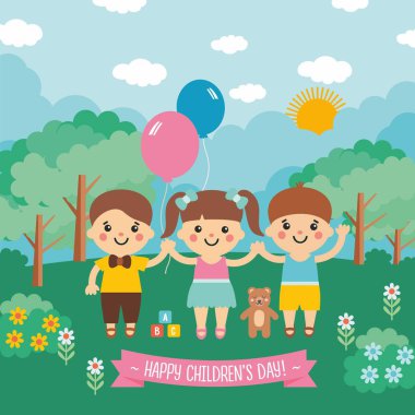 Çocuk günün kutlu olsun. Komik çocuk karakterli harika bir karikatür çizimi. Mavi gökyüzü, yeşil çayır, orman ve çiçeklerle güneşli bir manzara..